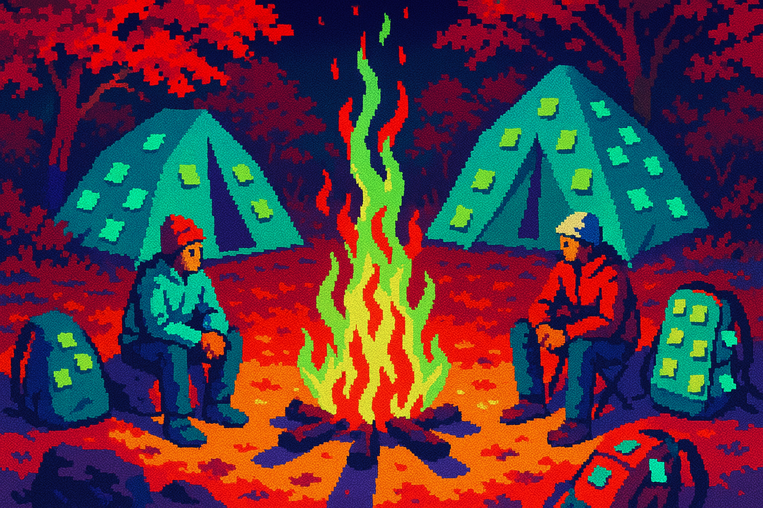 Pixel-art illustration: Amidst the vibrant autumn hues of Red River Gorge, where leaves fluttered chaotically in a crisp breeze, athletes circled around a campfire surrounded by an array of North Face prototypes adorned with clusters of neon Post-it Notes; yet, in the center of this lively scene, the campfire’s shadows stretched unnaturally upward, like elongated fingers reaching for an invisible sky.