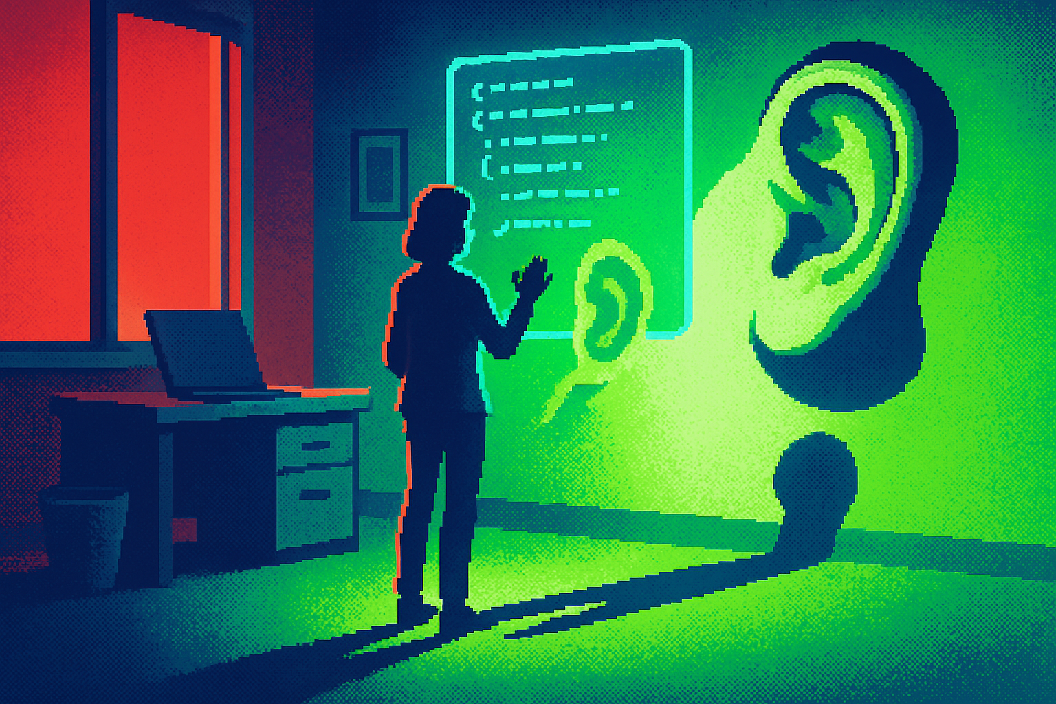 Pixel-art illustration: In the dimly lit design studio, a designer stands before a floating, disembodied ear that patiently hovers mid-air, casting a shadow in a direction opposed to the light source, while a holographic interface materializes above, displaying lines of code appearing letter by letter in response to her voice.