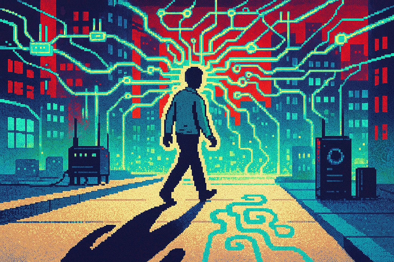 Pixel-art illustration: Amidst a bustling cityscape, the city has been transformed into a tapestry of interwoven networks—interconnected routers, harnesses, and data streams move in rhythm like an intricate dance, each pathway glowing with a soft luminescence. In the center of a crowded street, a lone pedestrian walks past, their shadow cast upon the sidewalk splits and diverges—one side following its owner faithfully, the other curling into patterns that mimic the swirling network above.