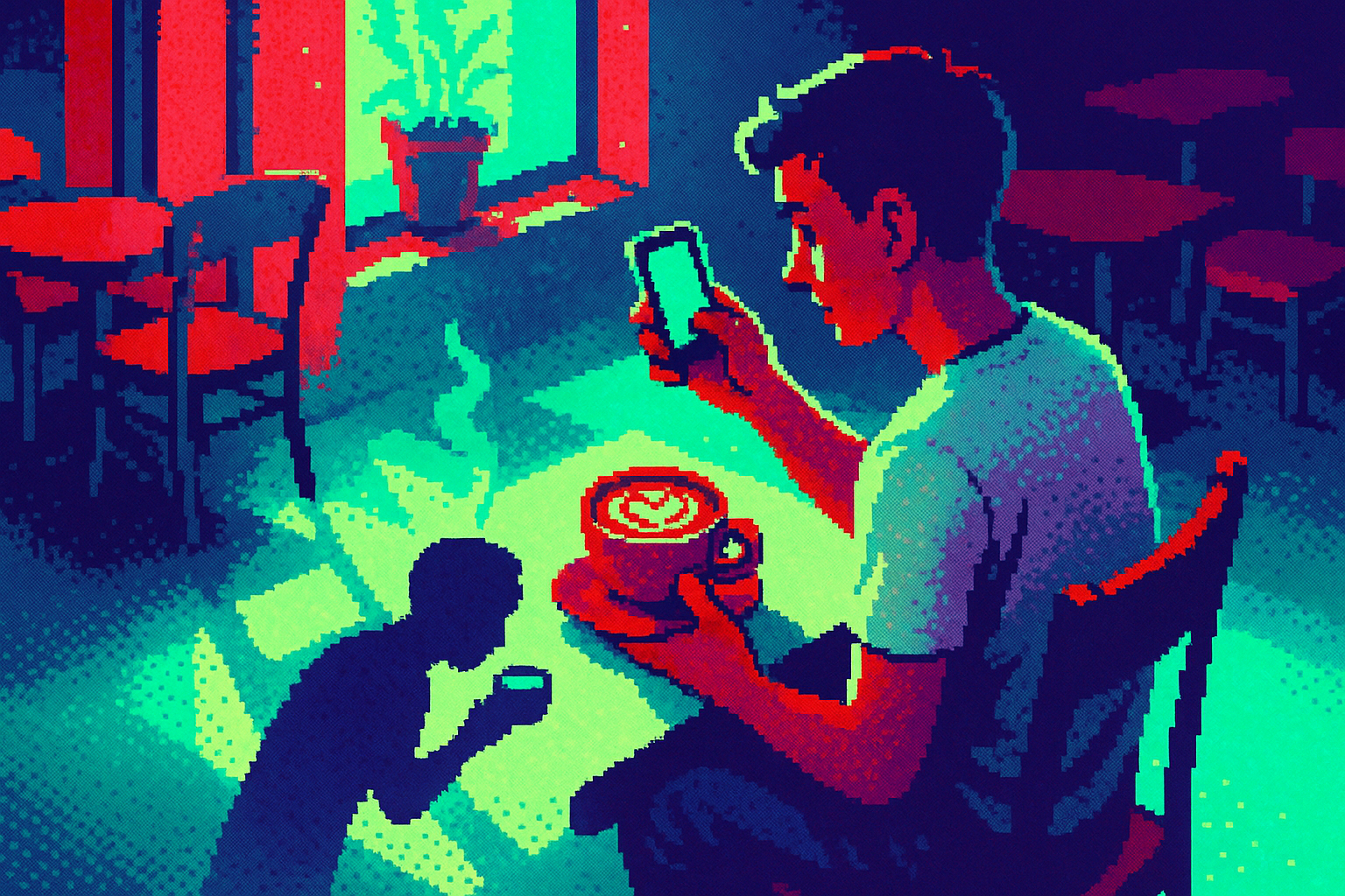 Pixel-art illustration: In the sunlit corner of a bustling café, a young man raises his phone and snaps a photo of an elegant latte art, only to glance down and notice that his own shadow on the floor is sipping from a steaming cup that isn't there.