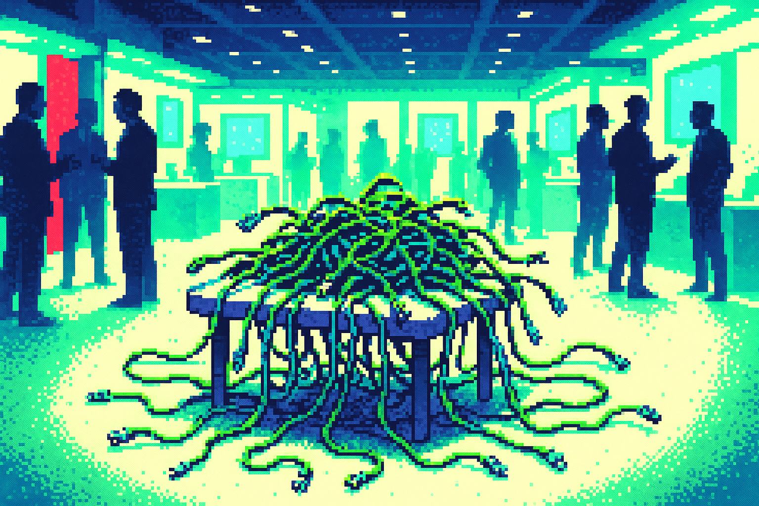 Pixel-art illustration: A bustling tech convention hall, brightly lit with gleaming white booths showcasing the latest innovations, is crowded with industry professionals eagerly networking; yet in the center of it all, an unassuming little table sags under dozens of tangled ethernet cables that lead to nowhere, their disconnected ends twitching slightly as if alive.