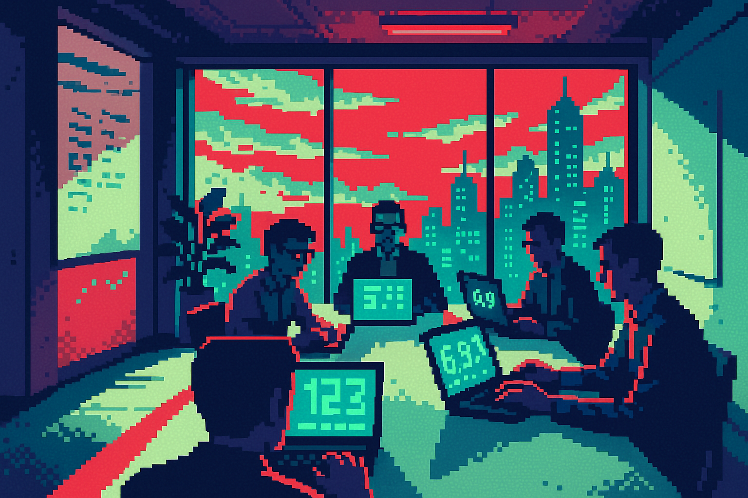 Pixel-art illustration: In the echoing halls of a sleek, futuristic office, a team of engineers and PMs gathered, their laptops projecting numbers and strategies in ghostly holographic displays that flickered slightly, as if caught in a constant buffering loop, while outside the panoramic glass wall, the clouds seemed to move in reverse across the neon-lit skyline.