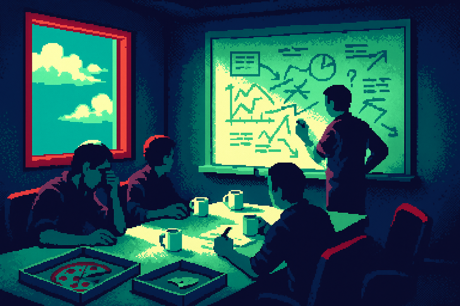 Pixel-art illustration: In a dimly lit conference room strewn with pizza boxes and coffee mugs, a team huddles around a whiteboard covered in frantic scribbles, erasing and redrawing lines with every heated discussion, while a small window inexplicably shows the serene movement of clouds gliding backwards across a bright morning sky.