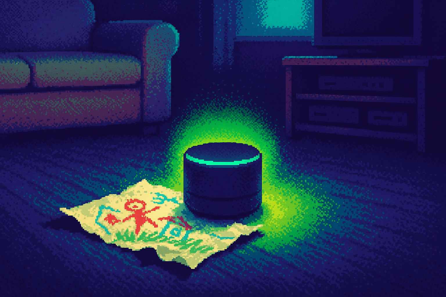 Pixel-art illustration: In a dimly lit living room, a child's drawing lies crumpled under a smart home device, its paper fading from the vibrant lines of crayon to a dull gray as if the machine is leeching away its color, while a digital assistant's voice gently narrates the bedtime story the device is currently streaming from an unseen library far away.