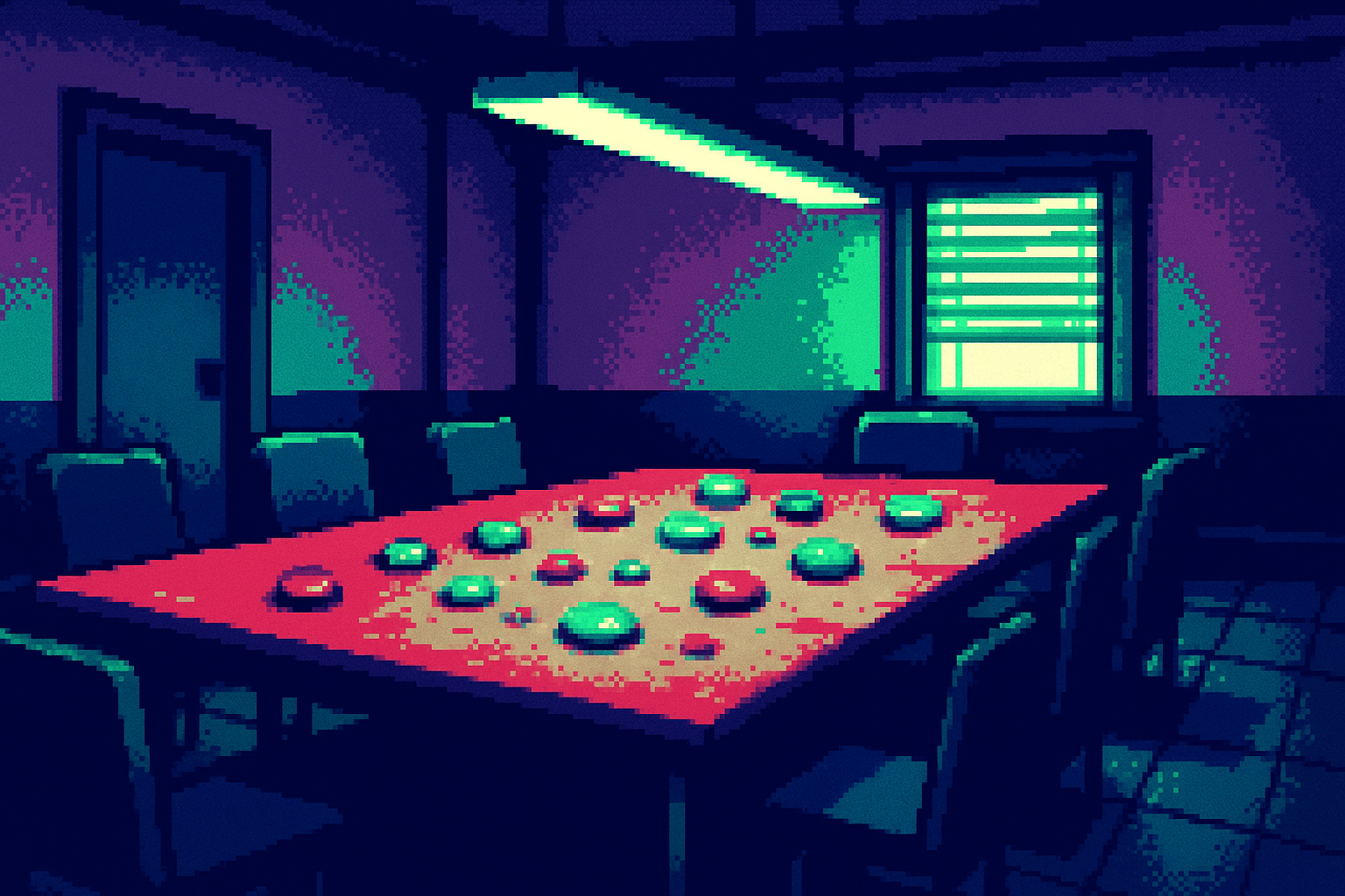 Pixel-art illustration: Under the harsh fluorescent buzz of a sterile meeting room, a dozen colored buttons lie scattered across a table like fallen leaves, but the buttons inexplicably emit a faint hum above the animated chatter, a sound only heard when no one is speaking.