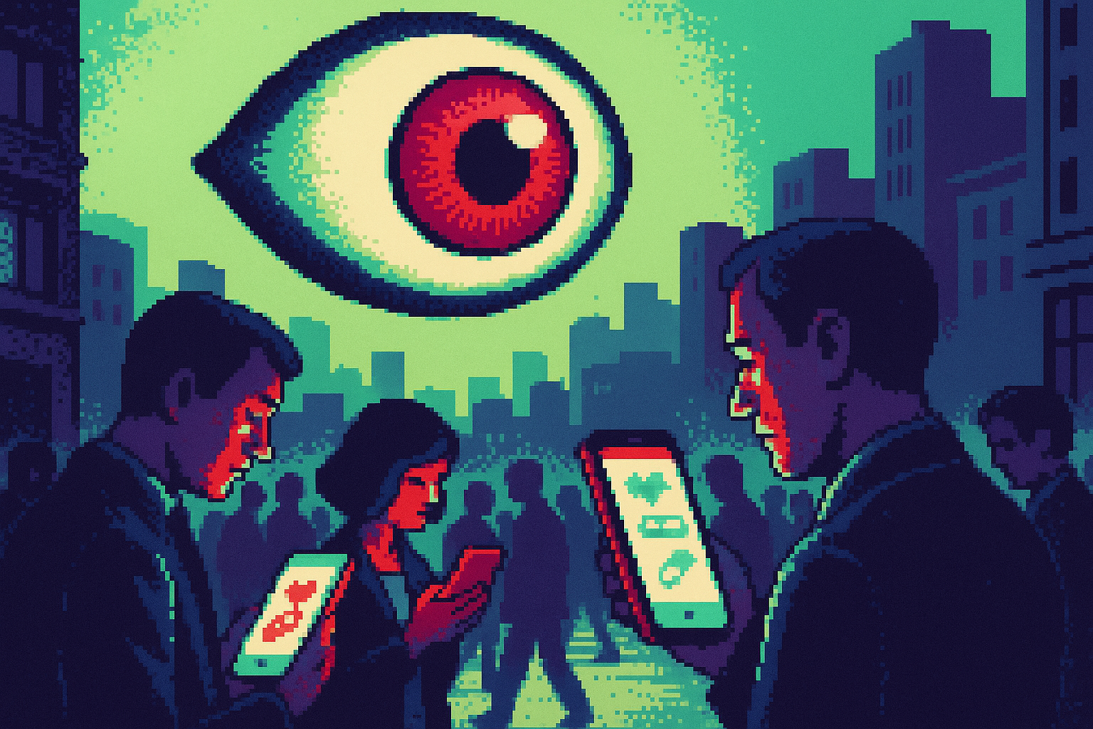 Pixel-art illustration: A bustling city square at midday is filled with people holding sleek, pastel-colored phones, their gaze fixed on screens displaying health apps ordering medication — and in the mid-air, a giant, cyclopean eye hovers above them, its pupil dilating and contracting subtly, as if it’s watching the transactions unfold, yet no one seems to notice.