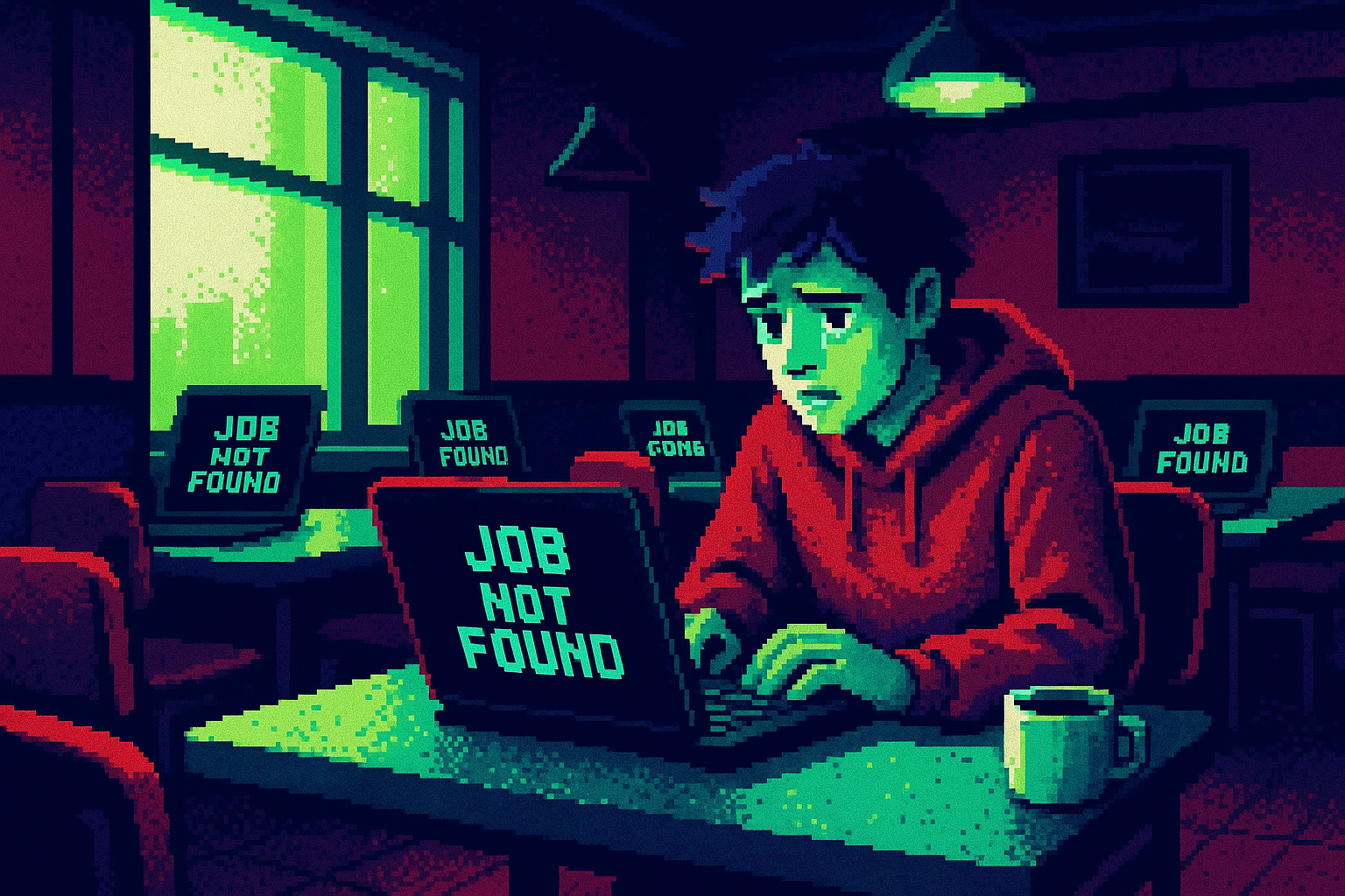 Pixel-art illustration: In a dimly lit café in Brooklyn, a nervous young coder sits alone at a sticky table, surrounded by abandoned laptops flickering like dying stars, their screens displaying "JOB NOT FOUND" instead of the usual welcome messages.