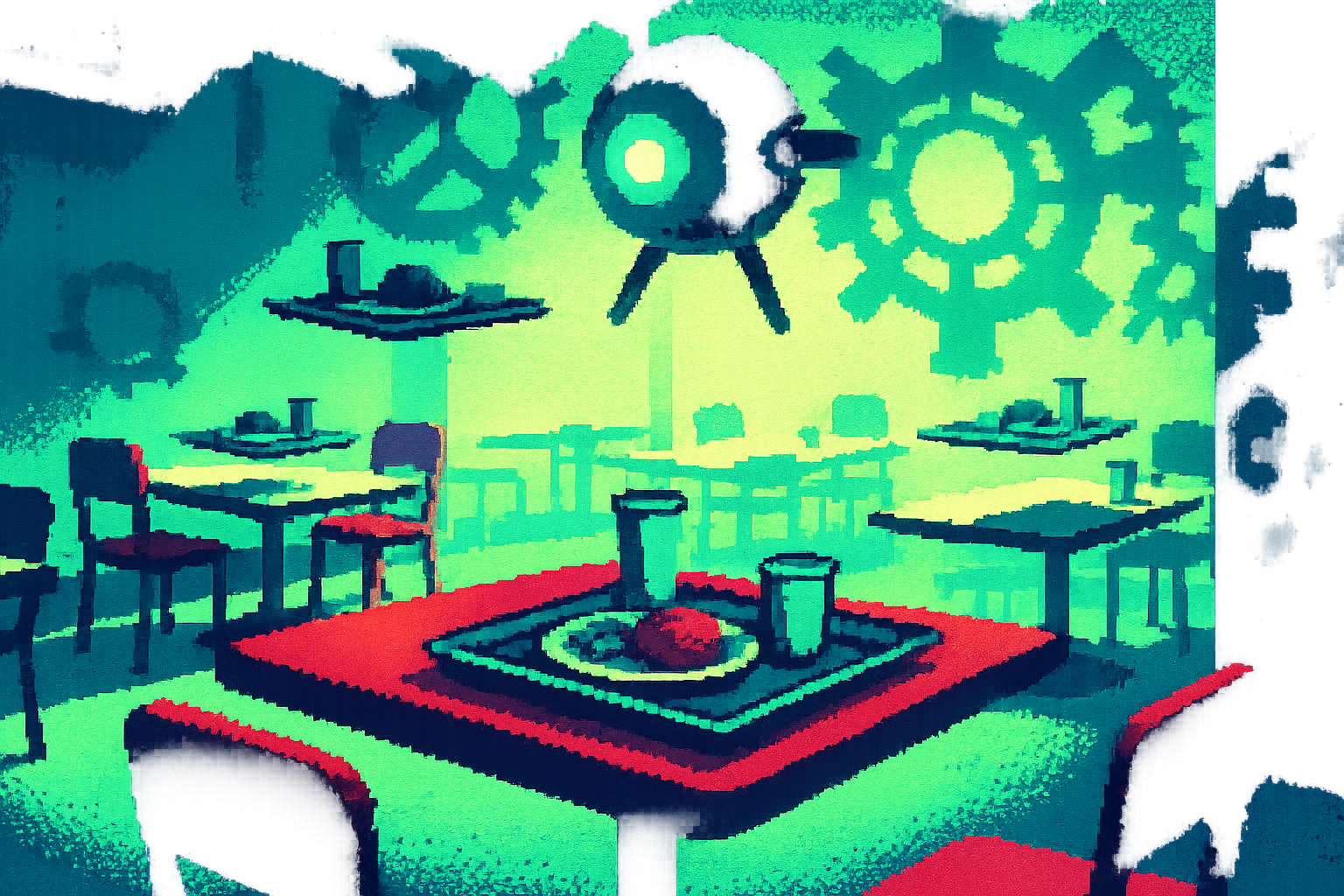 Pixel-art illustration: In a bustling corporate cafeteria, trays of untouched food hover in mid-air above each table, the tell-tale orbit of a malfunctioning AI service drone that continues its route obliviously, casting abstract shadows on the walls as if tracing a motley of gears and cogs instead of mundane lunch scenes.