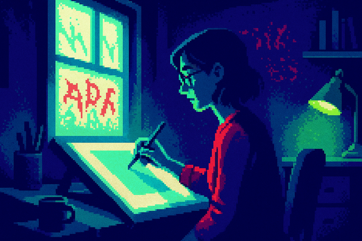 Pixel-art illustration: In the dim light of a cozy design studio, Clara Biel sits at a drafting table, pencil poised over a sheet of watercolor paper, her focus intent as the sunlight filters softly through the window — melting into a salacious dance at the periphery where the shadows of the room flicker and shift into brief, undecipherable letters that vanish just as she turns to look.