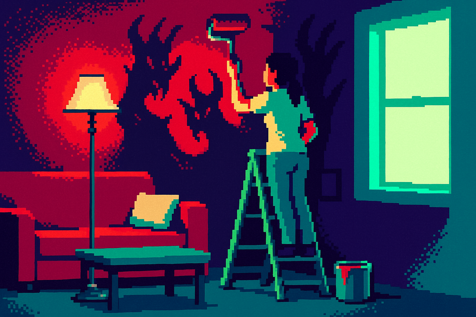 Pixel-art illustration: In a cozy living room bathed in the muted glow of an old brass floor lamp, a woman stands on a ladder with a paint roller in hand, applying a rich, velvety burgundy to the walls, while the shadows flicker and dance in the corners, forming shapes that seem to discuss her every brushstroke even before she makes them.
