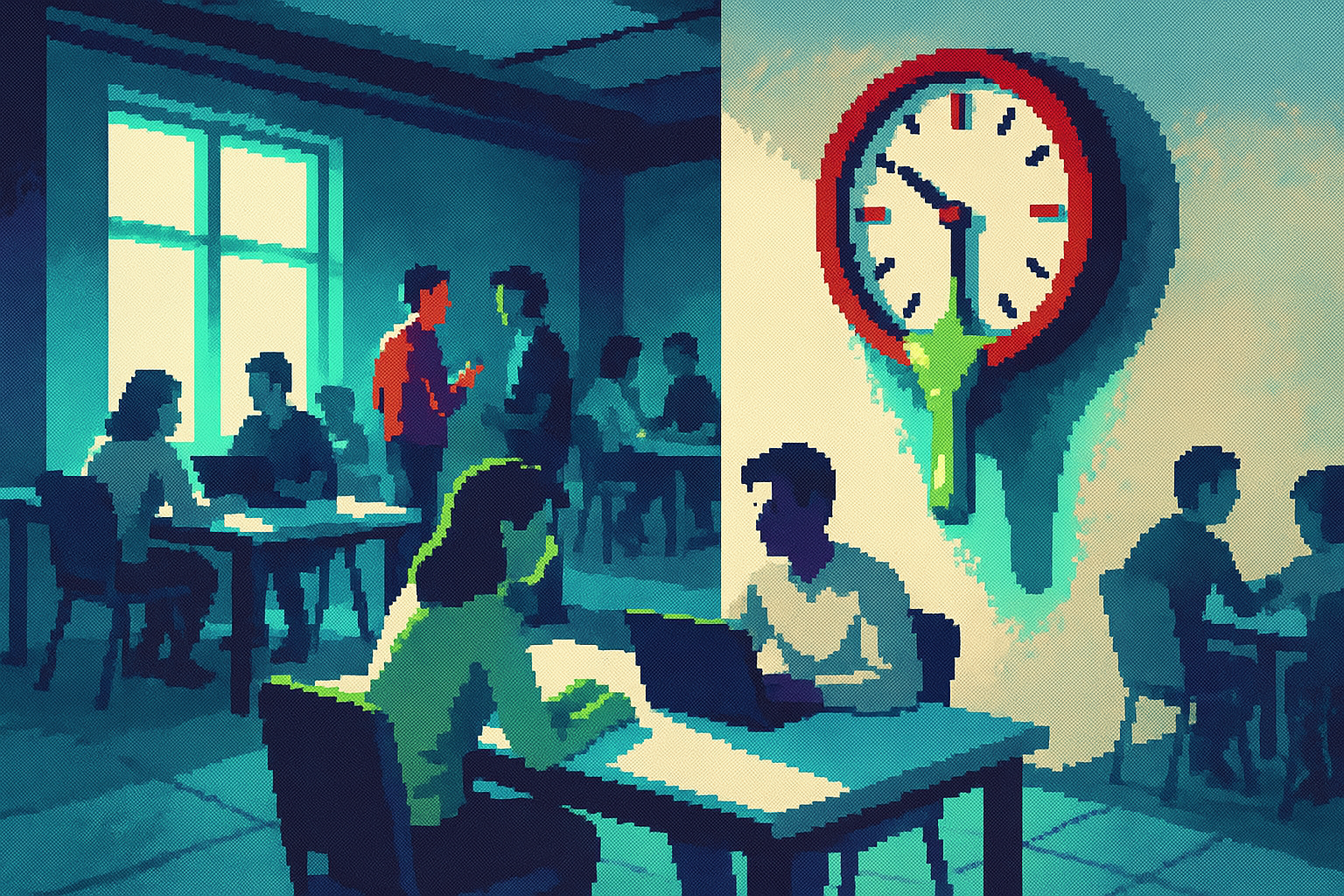 Pixel-art illustration: In a bustling coworking space, spontaneous conversations hum as people collaborate around sprawling tables, but the minutes tick by on a wall-mounted clock that drips downwards, like molasses defying gravity, a silent reminder of the chaos that ensues when a team lacks a cohesive, shared map.