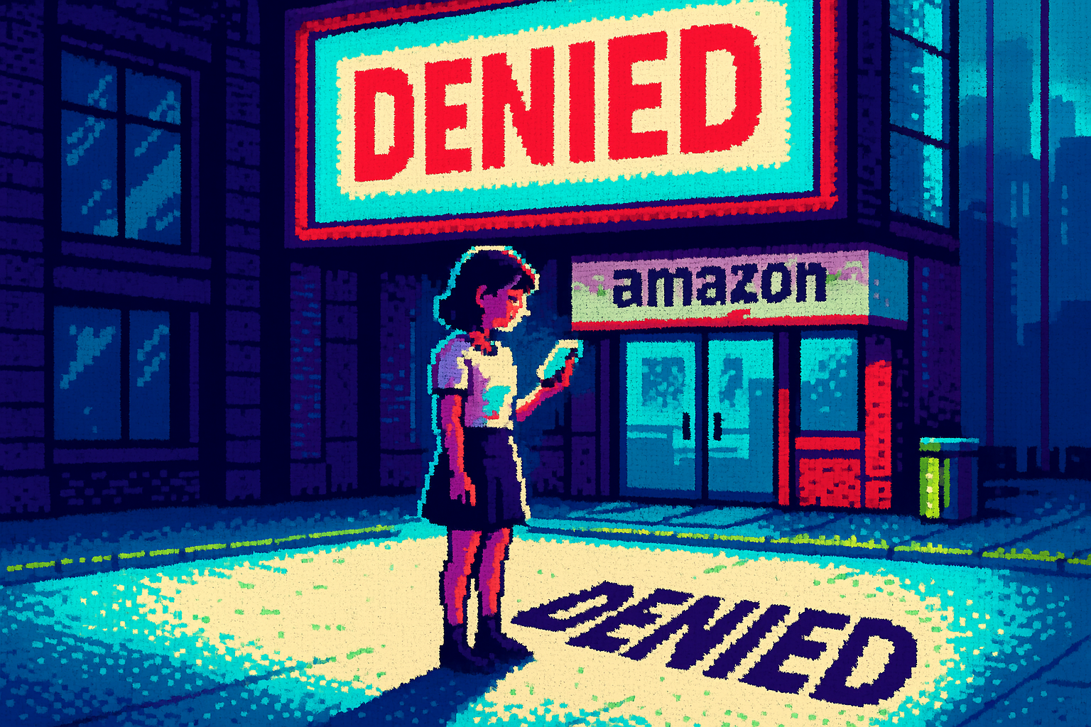 Pixel-art illustration: In a bustling city square, a young woman stands in front of a pop-up Amazon store, her phone in hand, bewildered as a message repeatedly flashes across the enormous digital billboard above her, yet the shadow she casts on the ground twists into letters spelling out "DENIED" despite her motionless stance.
