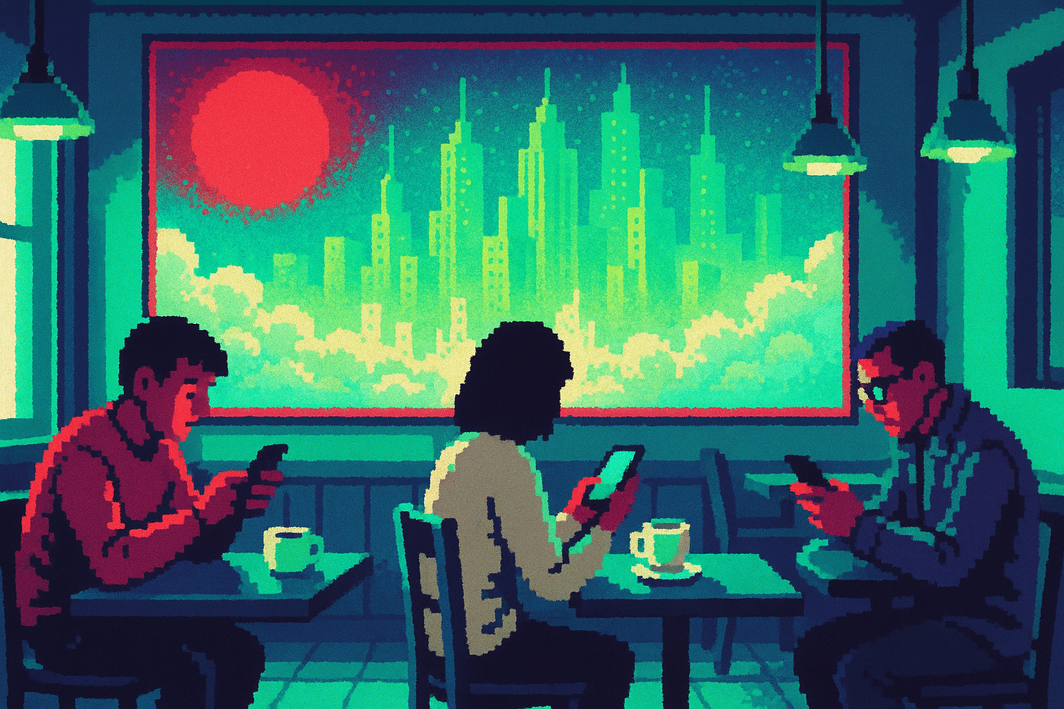 Pixel-art illustration: In a bustling café overlooked by a vibrant mural of a cityscape, patrons scroll through smartphones and sip lattes, unaware that upon closer inspection, the mural's skyline is filled with shimmering, ethereal skyscrapers that slowly fade into clouds, like visions only partially formed or remembered.
