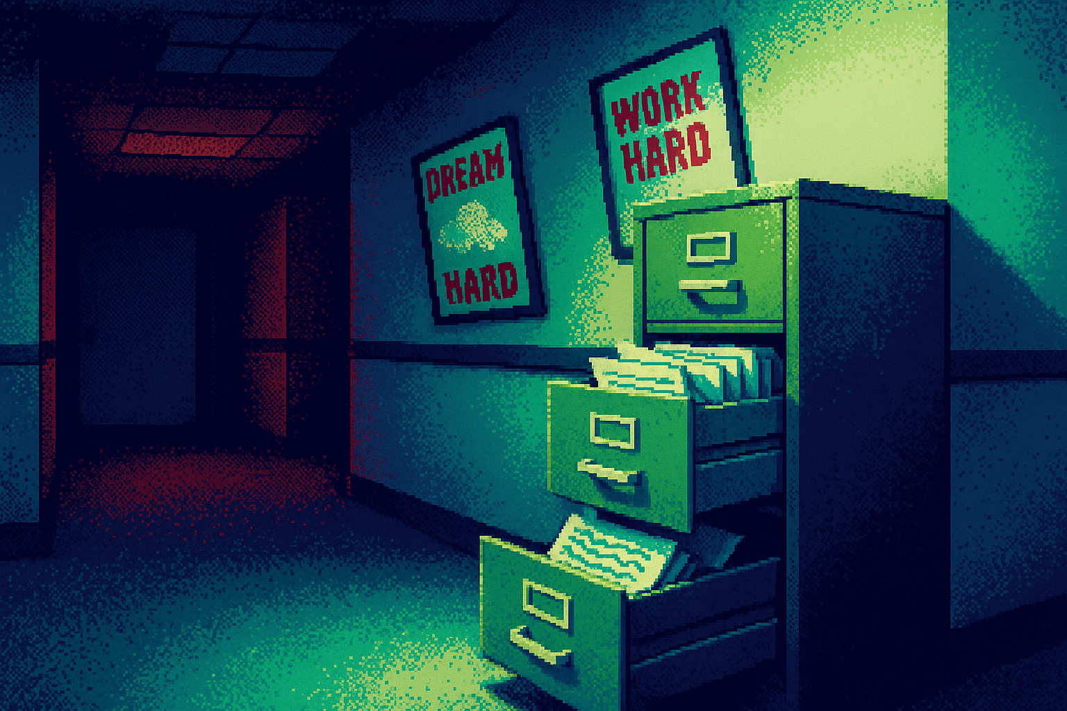 Pixel-art illustration: In the dimly lit hallway of a corporate office, where motivational posters hang askew on the walls, a lone file cabinet stands untouched, its drawers slightly ajar and brimming with untouched resumes—all of them from junior designers with dreams, and one peculiar resume written in a script that seems to shift and shimmer like water as if it were alive.