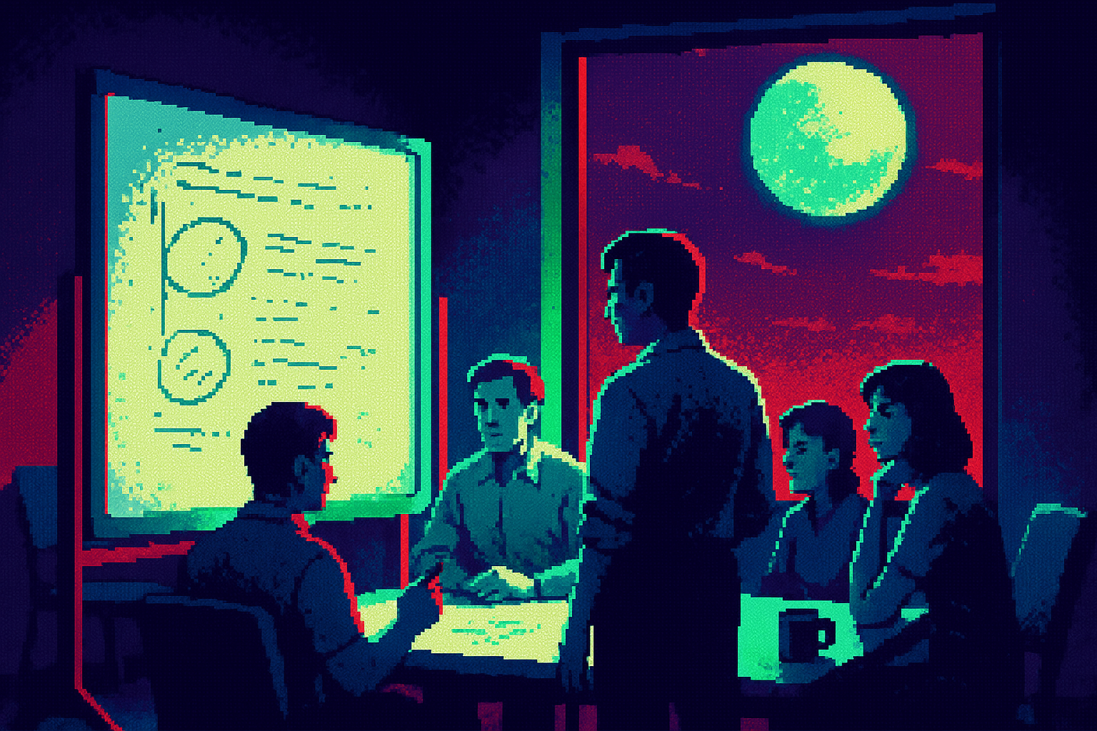 Pixel-art illustration: In a dimly lit conference room, a group of product managers and designers huddle around a whiteboard etched with fading lines and smudged notes, their faces furrowed in concentration as they discuss the next big project, unaware that a shadow casts across the room from a second moon hanging outside the window, bathing the scene in an eerily silver light.