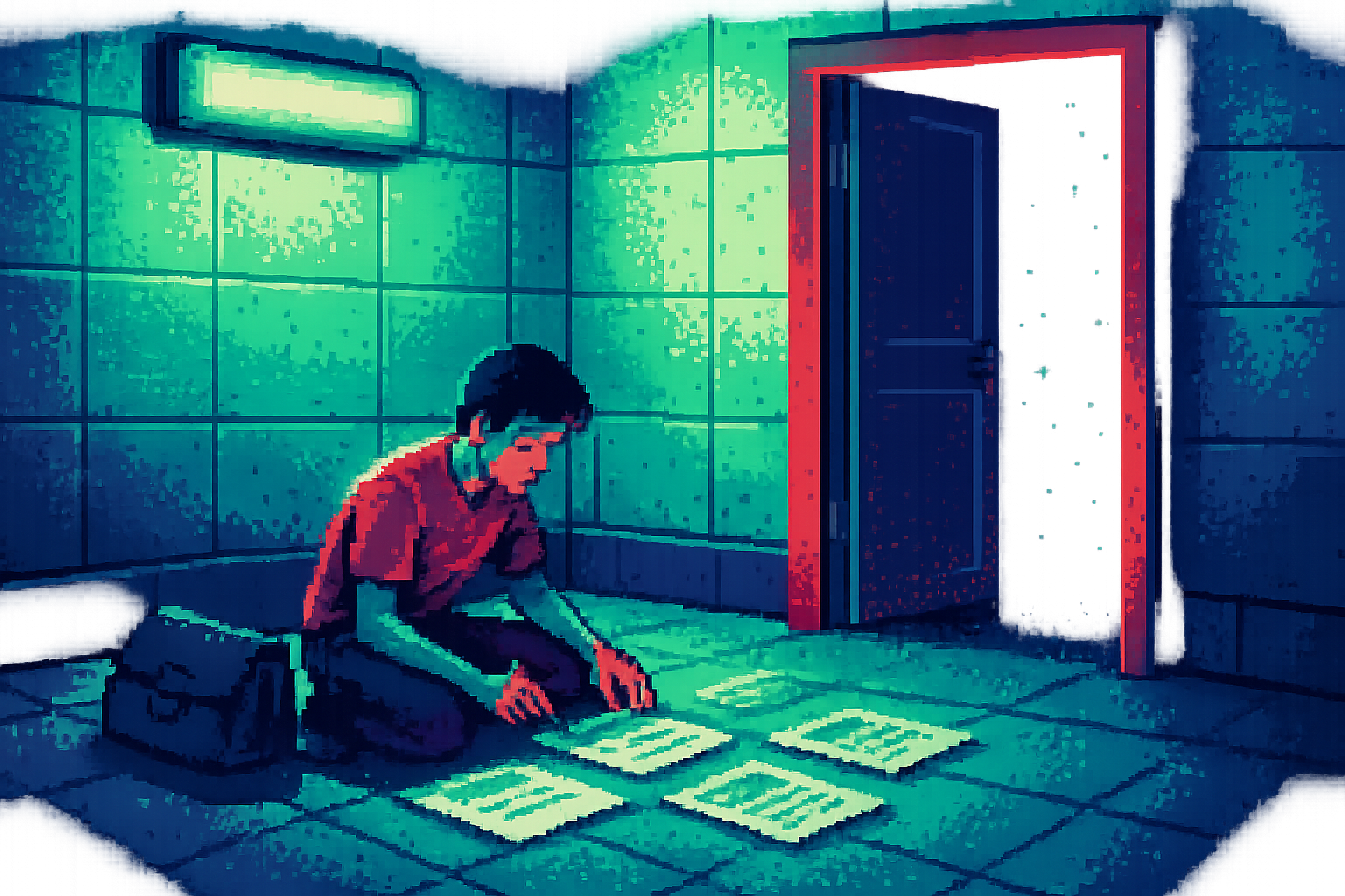 Pixel-art illustration: In the flickering glow of a train station corridor at dusk, a young designer pores over stacks of printed UI designs on the grimy tile floor, each one a near-identical grayscale, sorting which ones might actually connect with users while a half-open door nearby reveals nothing but an infinite starry void.