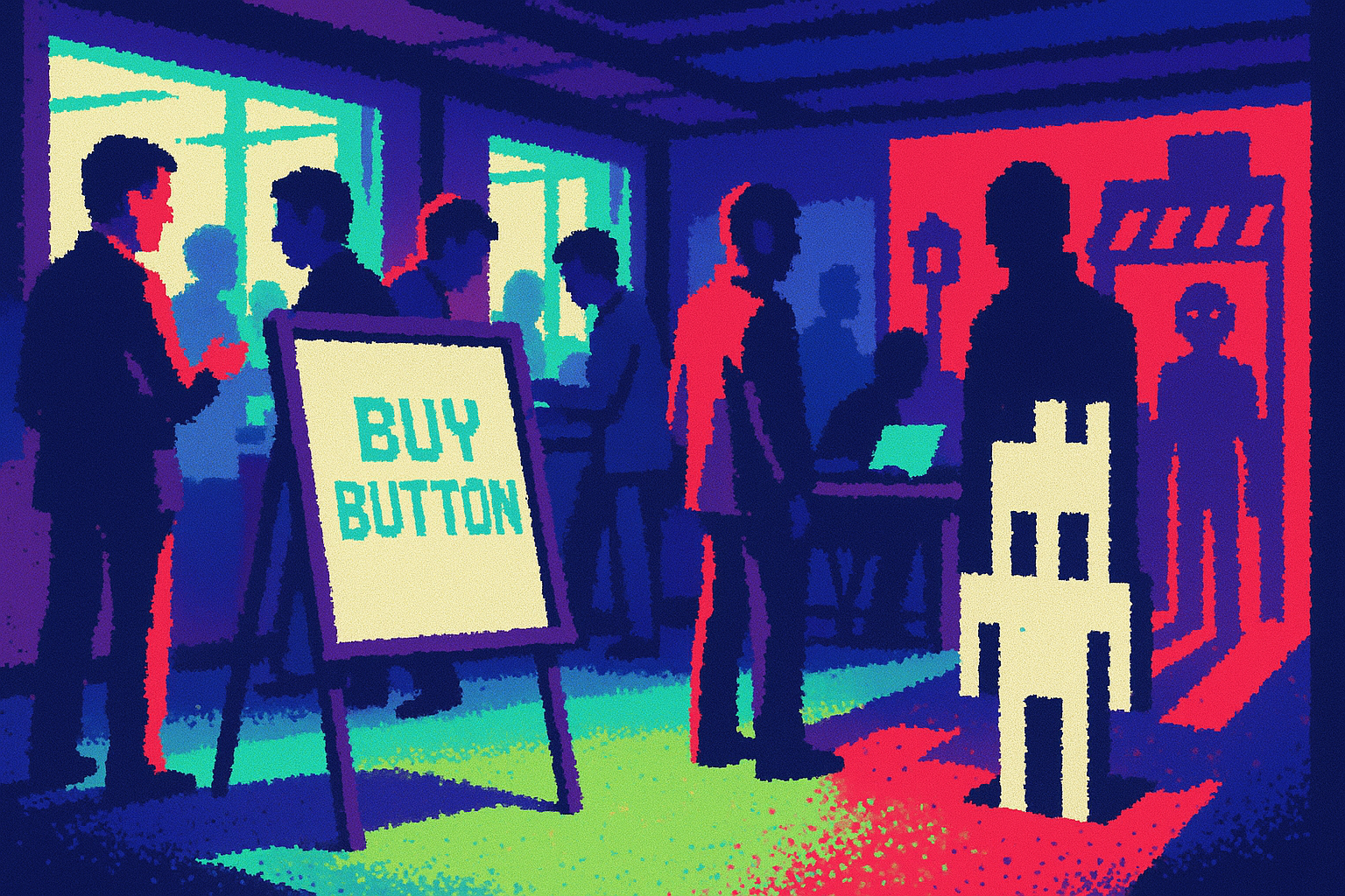 Pixel-art illustration: In a bustling tech conference hall filled with animated discussions and rapid keystrokes, a singular whiteboard displays the phrase "Buy Button" in sleek, digital text, but as attendees move past it, they cast shadows that diverge, creating bizarre silhouettes of distant storefronts and faceless, robotic figures.