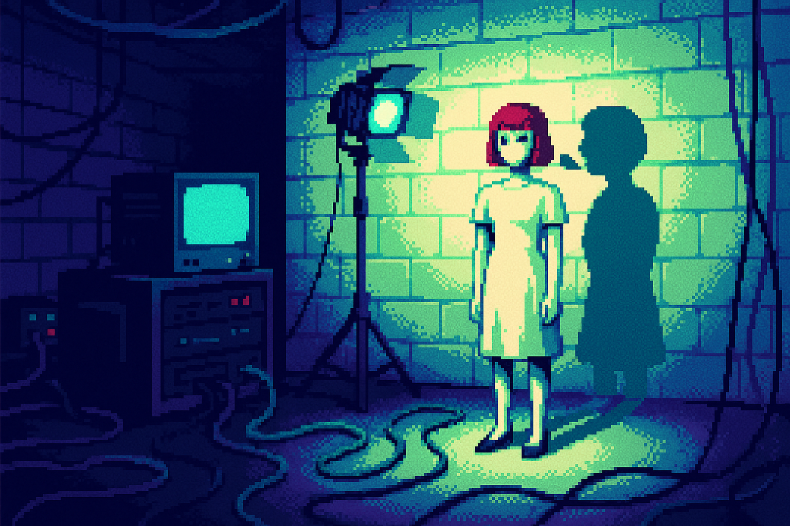 Pixel-art illustration: In a dimly-lit broadcast studio filled with the hum of equipment and cables snaking across the floor, an AI actress stands unnaturally still under the harsh glare of studio lights while, inexplicably, her shadow on the wall behind her is speaking fluent Cantonese—forming words with its dark, mouthless silhouette.