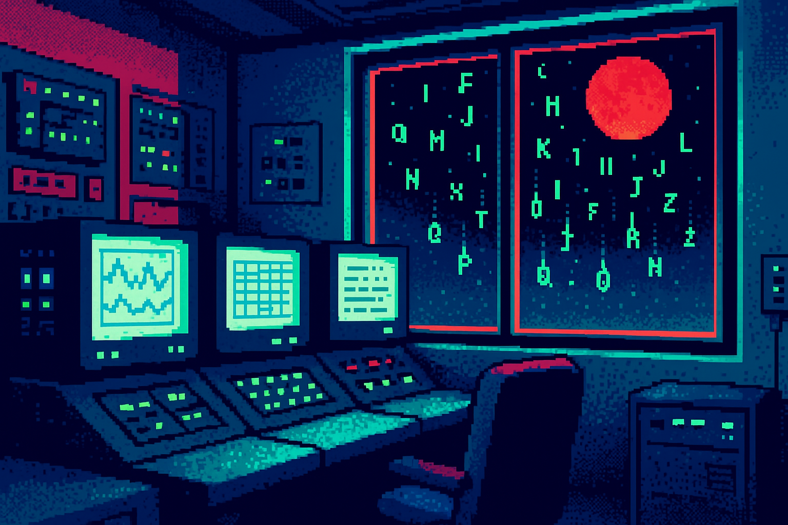 Pixel-art illustration: Inside the dimly lit control room, rows of monitors gleam with charts and data streams, yet the lone window shows a peculiar rain of letters cascading from a moonlit sky, each character disappearing just before it reaches the ground, leaving no trace of their meaning.