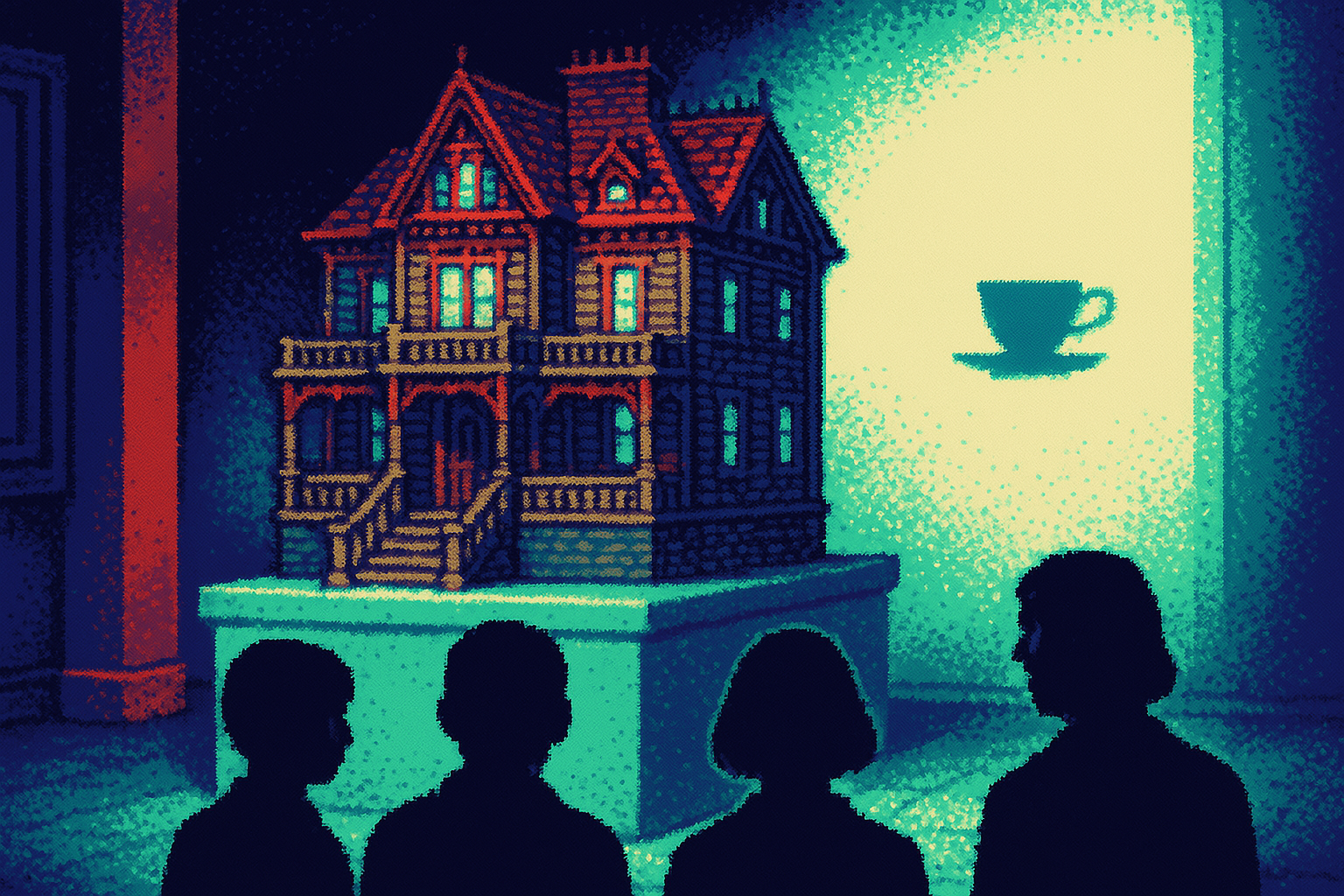 Pixel-art illustration: In the dimly lit gallery, the 13-foot replica mansion loomed grandly over the awestruck onlookers, its intricately carved wooden bannisters casting perfectly detailed shadows — except for one, a silhouette of a teacup that inexplicably hovered midair, far from any tangible source.