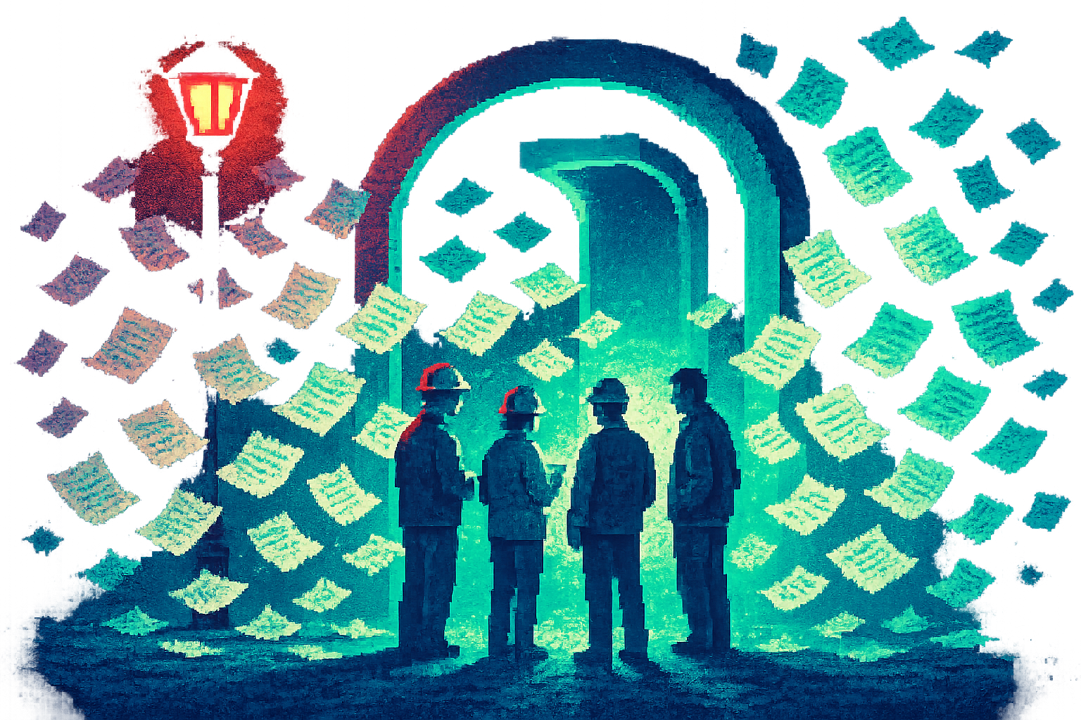 Pixel-art illustration: In the dim glow of a streetlamp, a group of engineers gathers under a metallic archway that seems to lead to nowhere, their faces illuminated by the soft light reflecting off thousands of floating documents in the air, each page listing requirements and specifications that fold and unfold on their own, never touching the ground.
