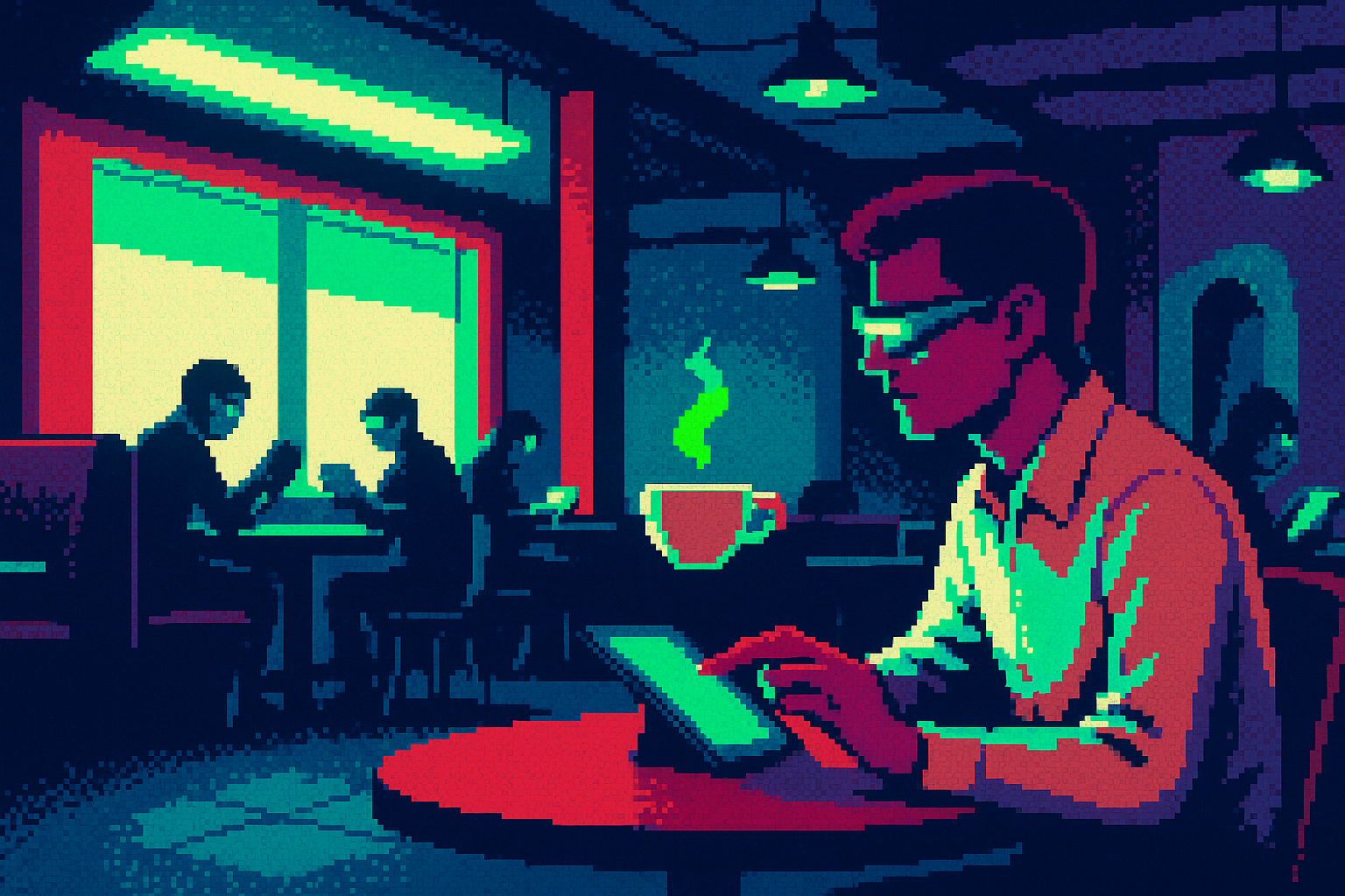 Pixel-art illustration: A sleek, futuristic café hums with the low chatter of patrons engaged in digital conversations, their eyes focused intently on AR glasses and interactive devices, yet at one corner table, a customer taps and waits, his coffee inexplicably suspended mid-air, frozen in time above the cup.