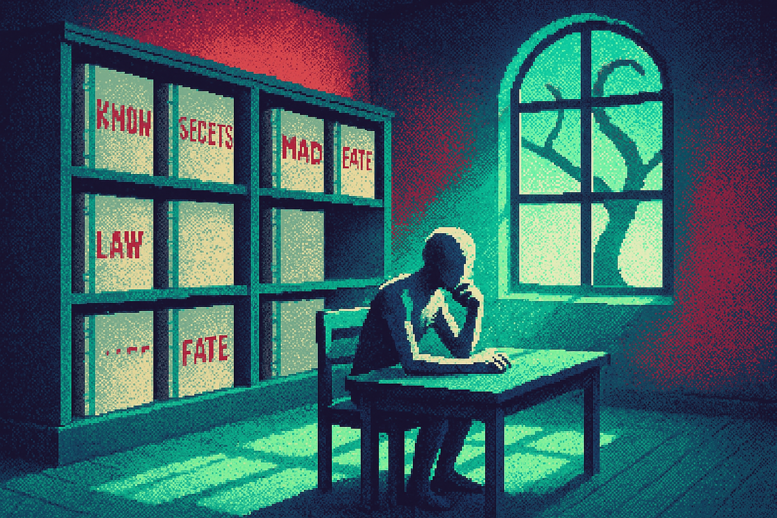 Pixel-art illustration: A dusty, sunlit library stands silent as the decision model operates within, the shelves lined with volumes of giant, leather-bound books, each containing precisely one word on its cover, while a shadow of a tree outside bends in an impossible, continuous loop, reaching towards the ceiling instead of the floor.