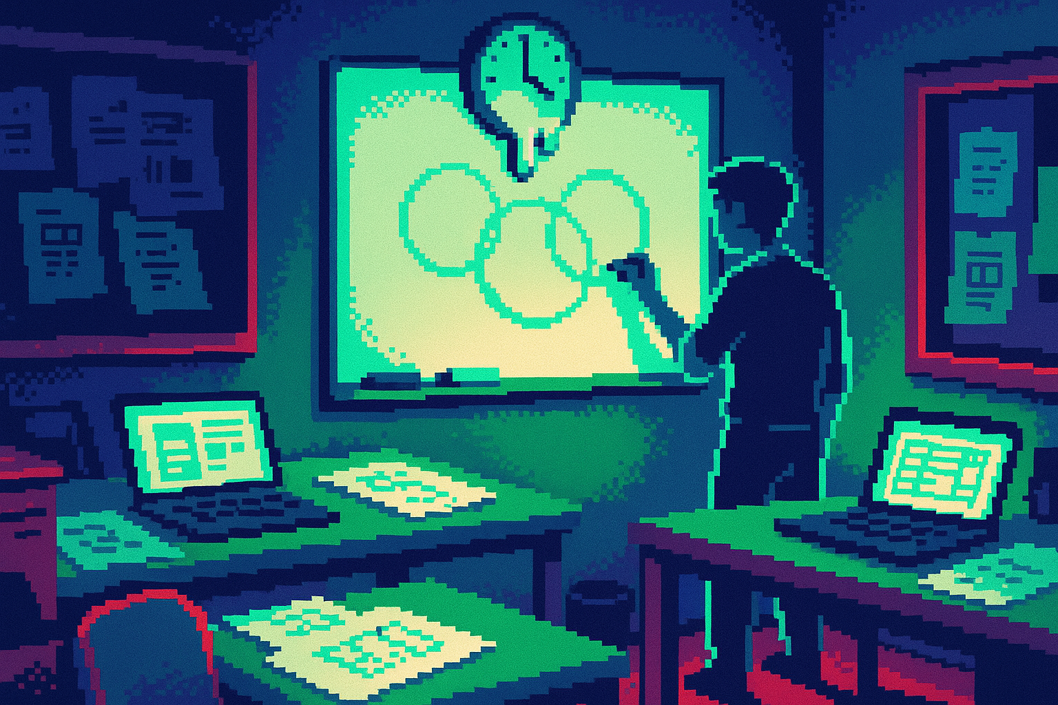 Pixel-art illustration: In a bustling design studio, where each table is cluttered with sketches and laptops displaying complex UI designs, a lone figure stands before a whiteboard drawing three distinct circles while the clock on the wall drips like wax, its face sagging toward the floor.