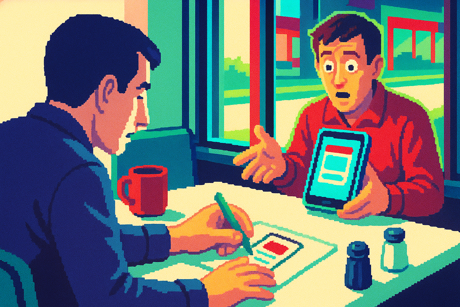 Pixel-art illustration: In a sunlit café, a designer sketches a simple paper prototype on a napkin, watching as a bewildered stranger sincerely interacts with it; their reflection in the café window displays a different scene altogether—a pristine, fully polished app running seamlessly on a sleek tablet.