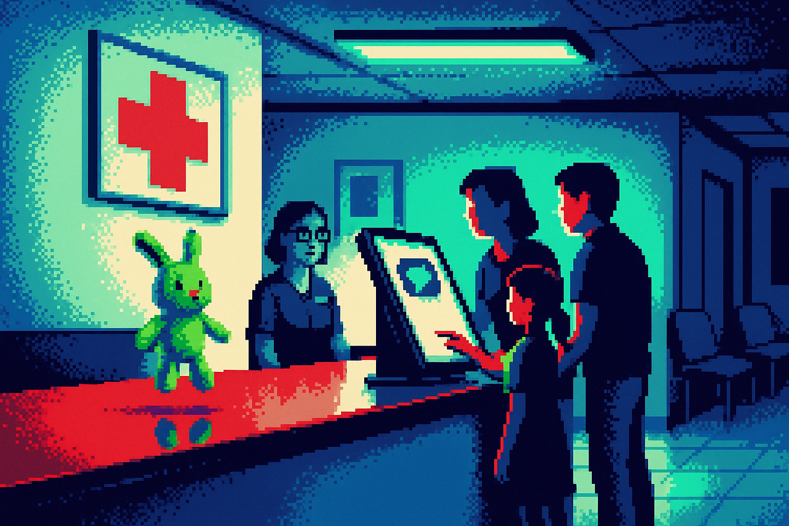 Pixel-art illustration: a hospital waiting room lit by fluorescent lights, where a family communicates with a front desk clerk through a chatbot on a touchscreen kiosk; an unattended stuffed animal on the counter slowly lifts as though levitating, casting a blurred mirror image on the polished surface.