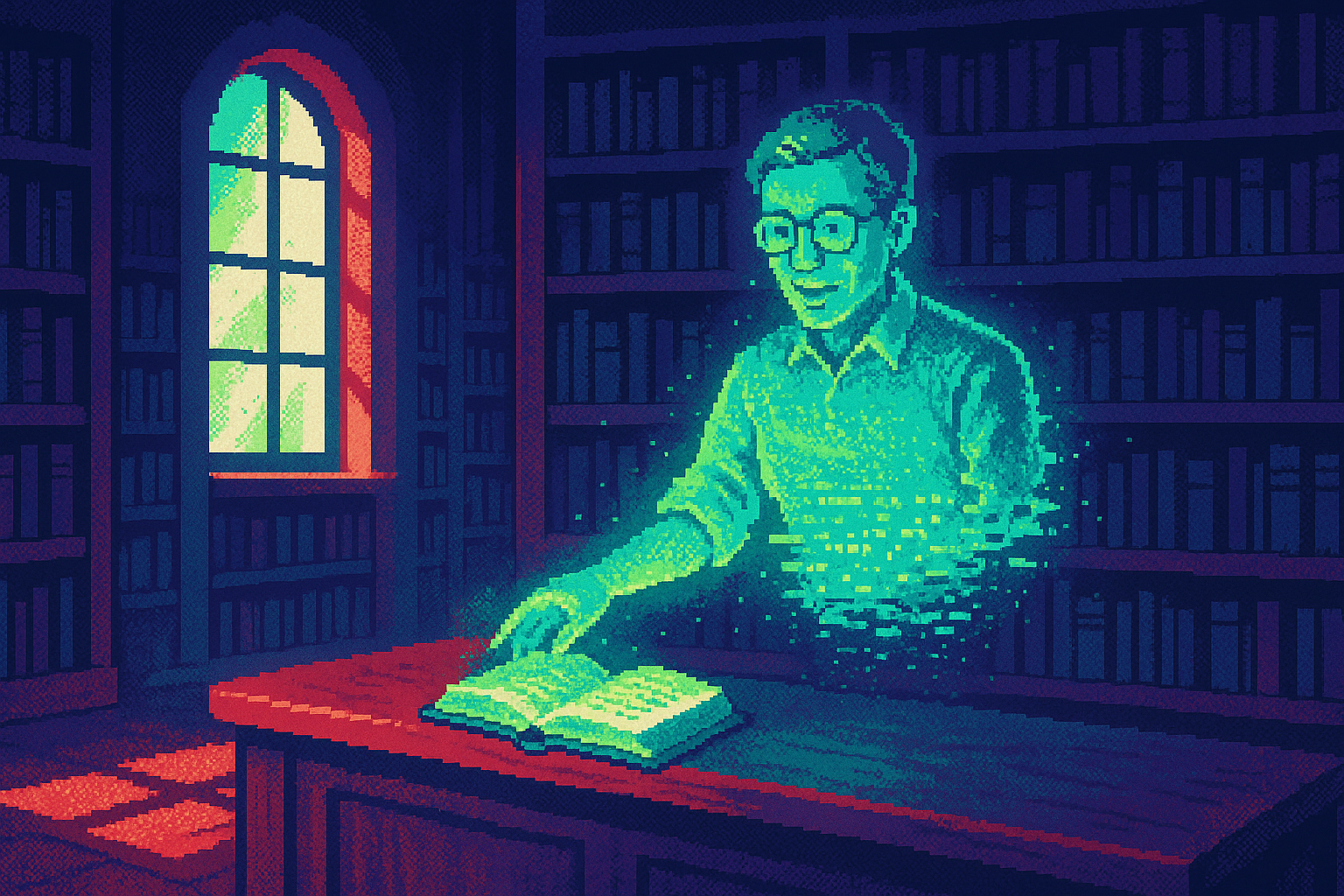 Pixel-art illustration: The dusty library, full of towering bookshelves that stretch toward an unseen ceiling, is illuminated only by the waning afternoon light; the librarian, a flickering hologram whose bottom half fades into static, cheerfully slides a book across the polished wood counter, its pages riffling and rearranging words into complex equations as soon as it is touched.