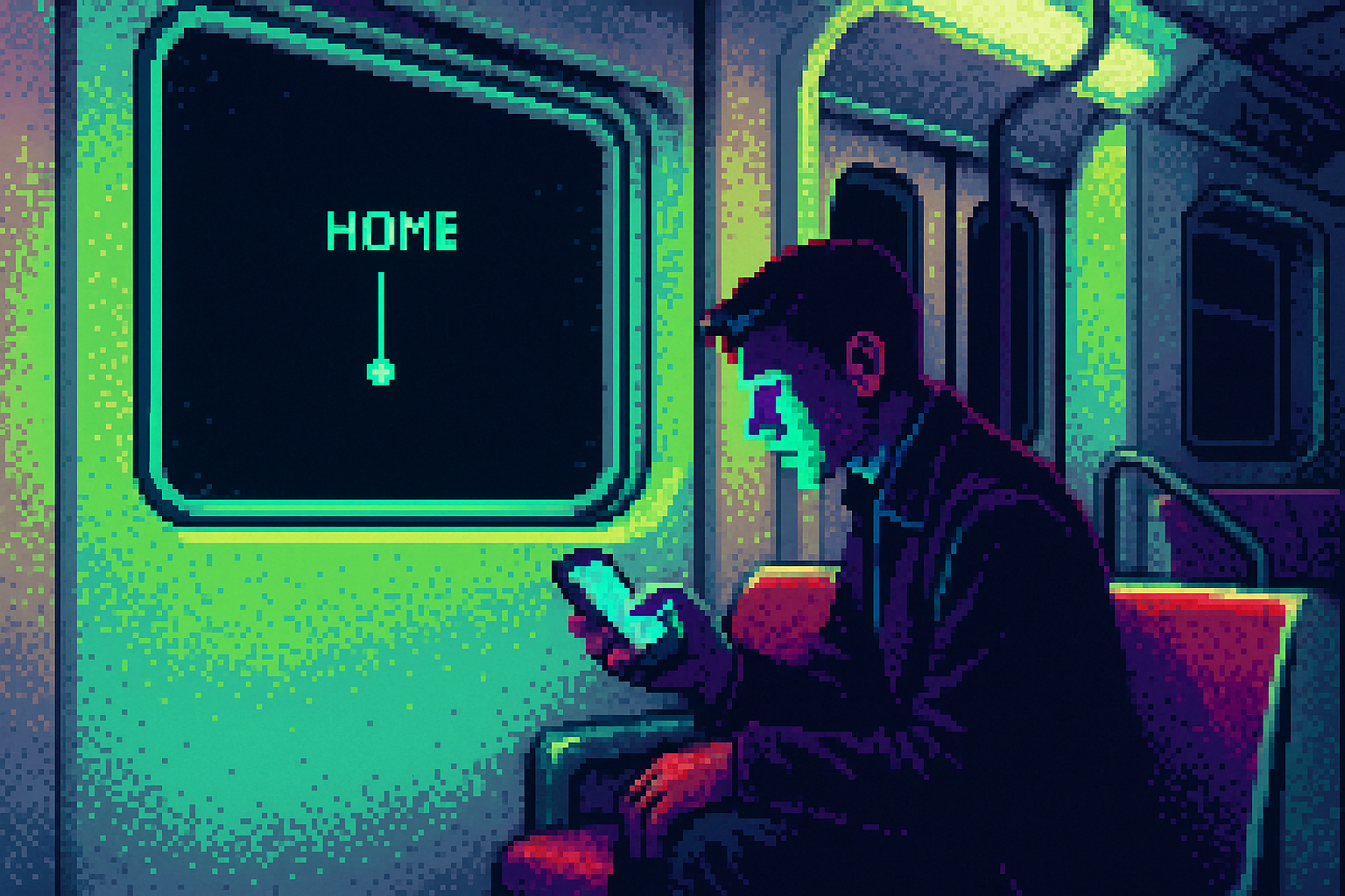 Pixel-art illustration: In the dim glow of a smartphone, a user scrolls through an app while leaning against the worn leather armrest of an empty subway car, the map display suddenly glitching to reveal not a city view, but a pinpointed dot labeled "HOME," hovering over a deep black void outside the window where passing city lights should be.