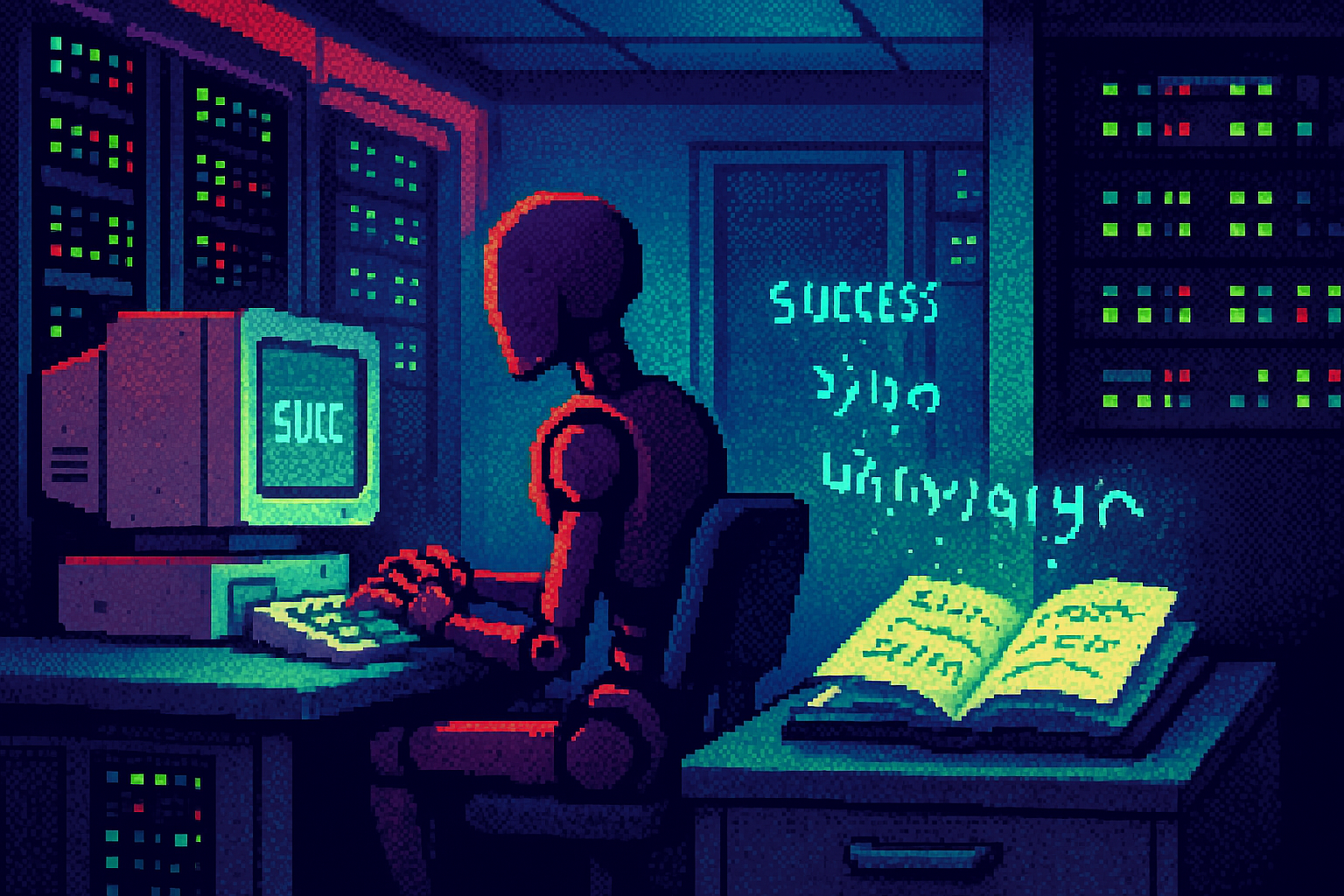 Pixel-art illustration: In a cramped data center lined with flickering LED lights and humming servers, an AI agent taps keys on an old, scratched keyboard, seemingly typing its completion report, while nearby a notification blips on a monitor — a successful operation — yet on a dusty filing cabinet in the corner, a wide-open ledger whispers the haunting truth with entries written in an unfamiliar script floating inches above the pages, defying gravity and logic.