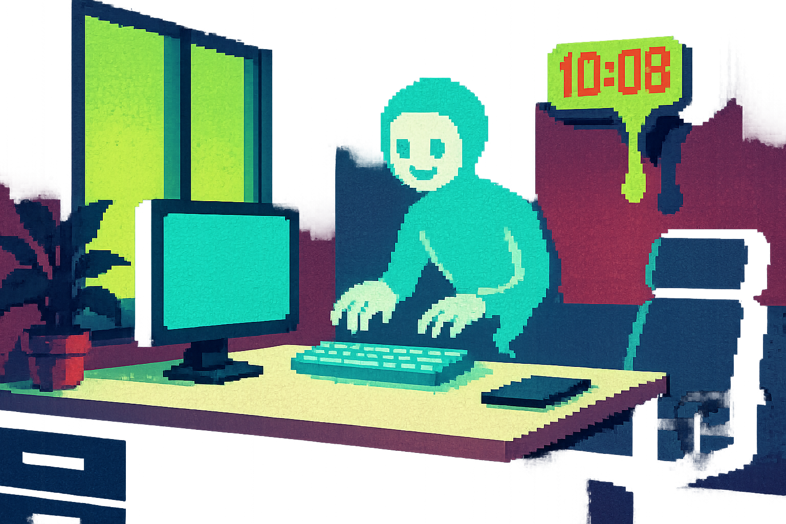 Pixel-art illustration: In a sleek, contemporary office bathed in the glow of digital screens, a digital assistant hovers mid-air, semi-transparent and shimmering like a ghost of technology, as it types furiously on an invisible keyboard, while a nearby digital clock drips like a Salvador Dalí painting, its numbers stretching languidly downward.