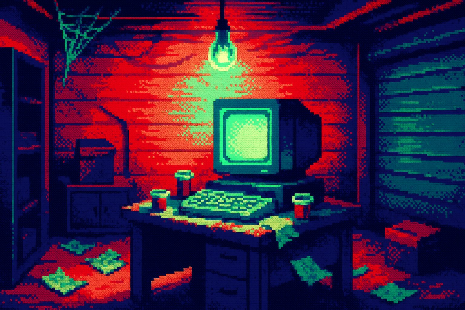 Pixel-art illustration: In a quiet suburban garage, cluttered with discarded sketches and coffee-stained paper cups, a lone computer screen glows intensely; the cobwebbed corners undisturbed, except for a flickering light bulb that casts shadows inconsistently, sometimes reversing their direction to stretch toward the walls, despite the bulb's stationary position above.