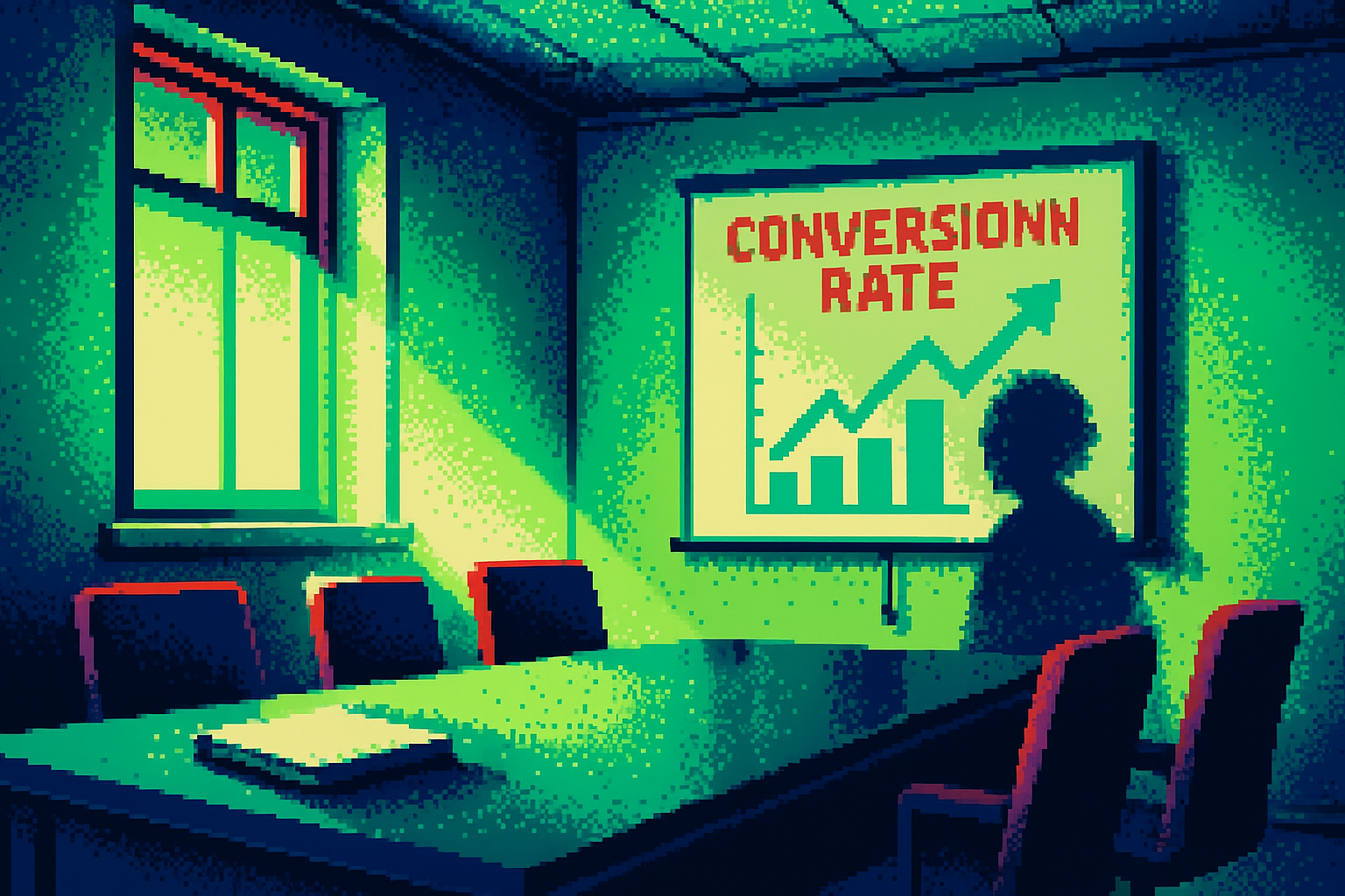 Pixel-art illustration: In the sterile setting of a corporate boardroom, sunlight streaming through a single window illuminates a sleek presentation slide on conversion metrics, while a shadow on the wall flickers independently, shifting as if troubled by an unseen whisper.