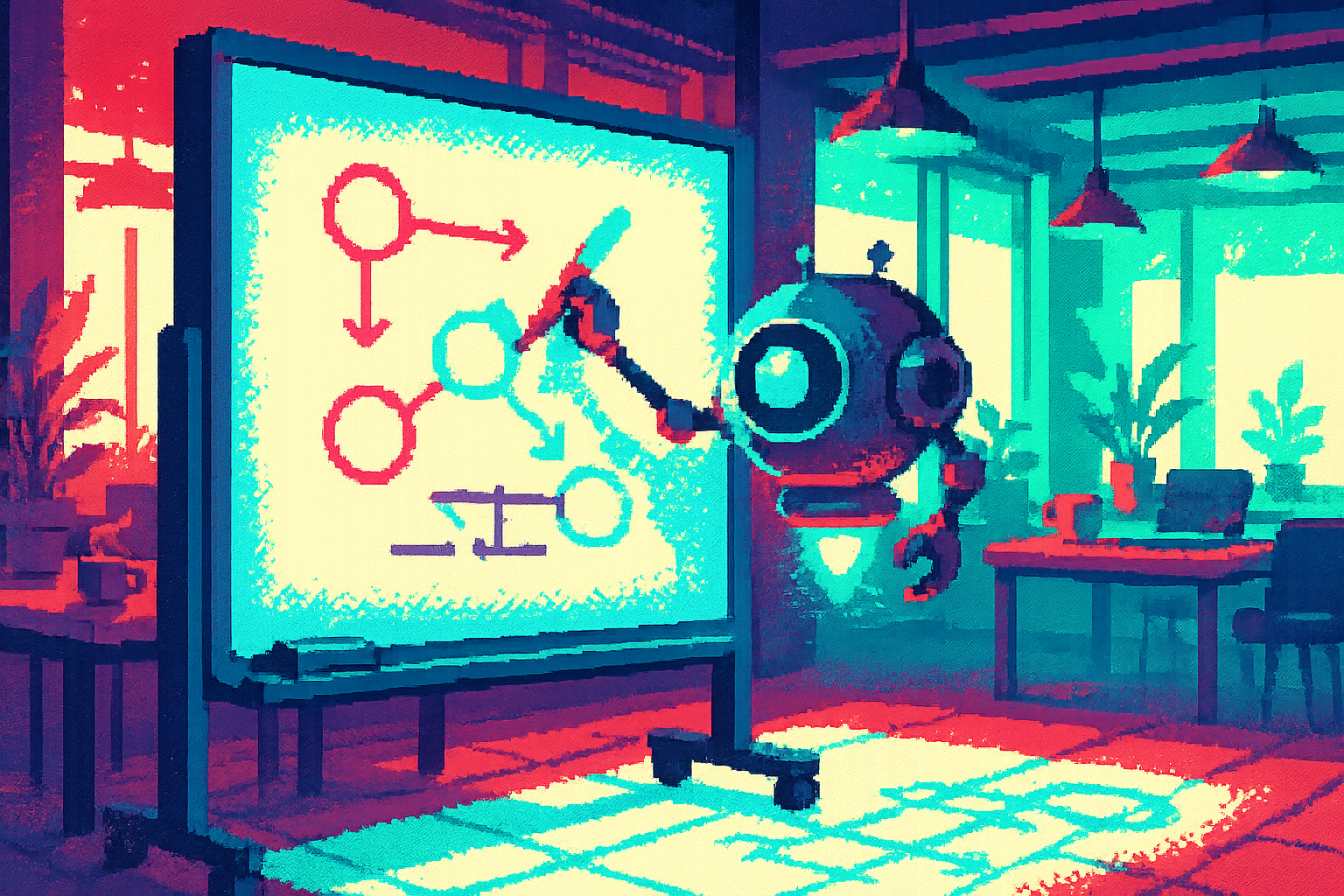 Pixel-art illustration: Amidst the hum of a bustling co-working space, where the scent of fresh coffee mingles with the chatter of ideas, a digital assistant hovering slightly above a sleek whiteboard draws complex diagrams on its own, but, inexplicably, the shadows it casts seem to detail the diagrams that won't be drawn until tomorrow.