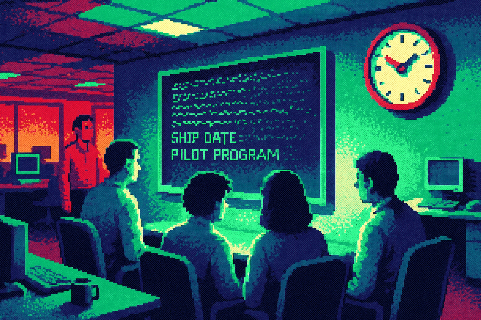 Pixel-art illustration: A bustling open-plan office hums with activity as engineers gather around a large screen displaying complex code changes, their eyes focused on the chaotic dance of lines being edited by an unseen force — the lines shift and reshape autonomously, spelling out a detailed message about ship dates and pilot programs, yet the clock on the wall ticks backward, each tick louder than the last.