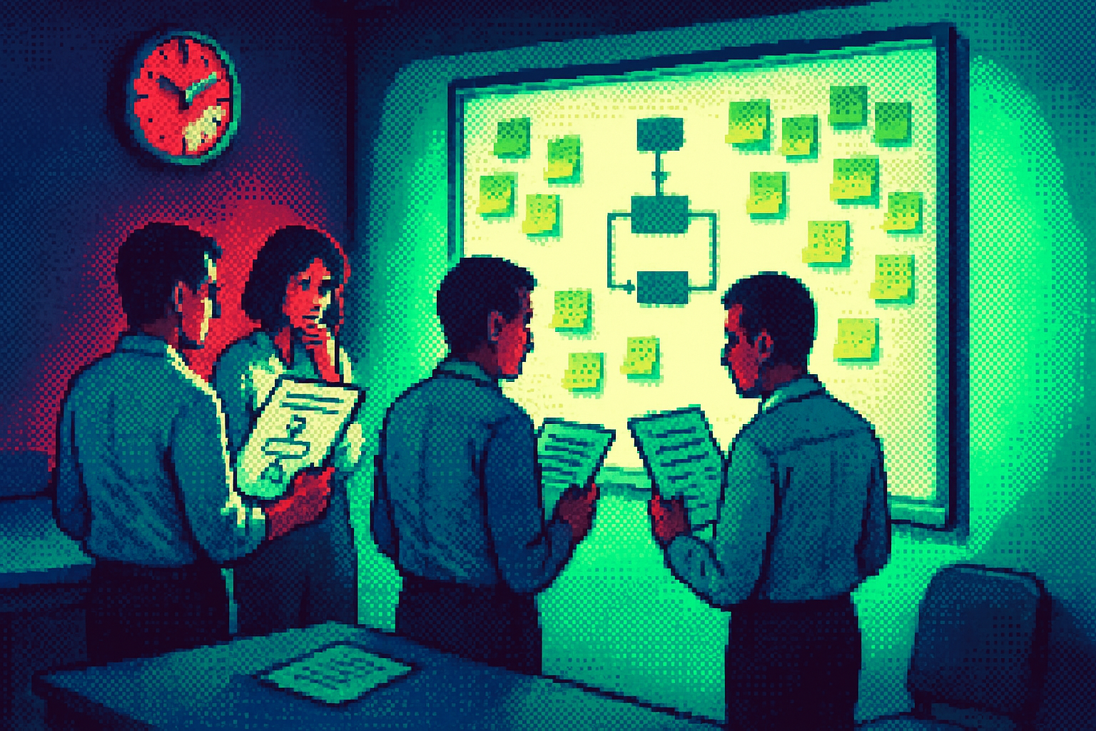 Pixel-art illustration: In a crowded conference room, team members huddle around a large whiteboard covered with post-it notes and diagrams, each nervously clutching a different version of the experiment template; in the corner, a clock's hands defy time by slowly spinning counterclockwise, unfazed by the anxious discussions unfolding beneath it.