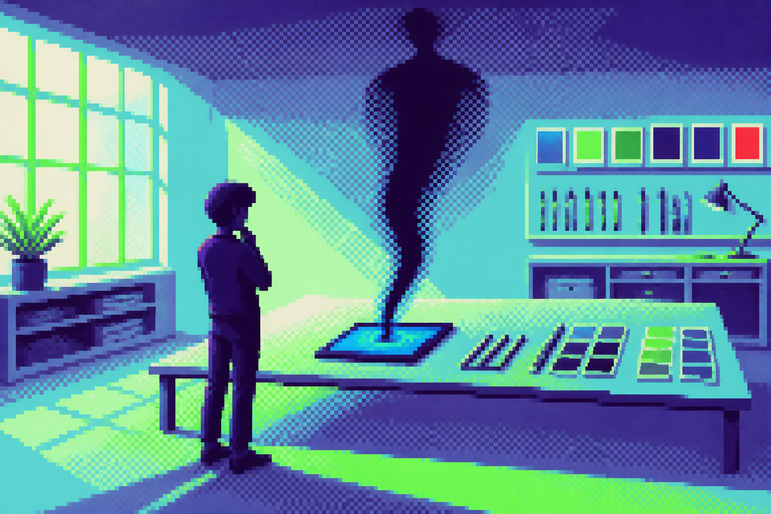 Pixel-art illustration: A designer stands in a sunlight-drenched studio, surrounded by immaculately arranged digital design tools, each aligned with almost obsessive precision; yet, from the center of the room where a sleek tablet rests, a shadow stretches unnaturally upward, defying the logic of any detectable light source.