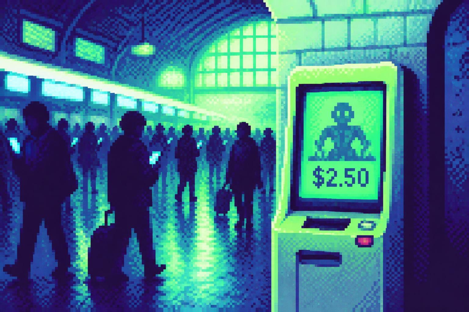 Pixel-art illustration: A bustling train station thrums with the energy of a thousand human agents, each clutching smartphones against the echo of departure announcements, yet amidst the sea of travelers, the ticket kiosk stands eerily untouched, displaying a single static price as a robotic shadow flickers across its screen.