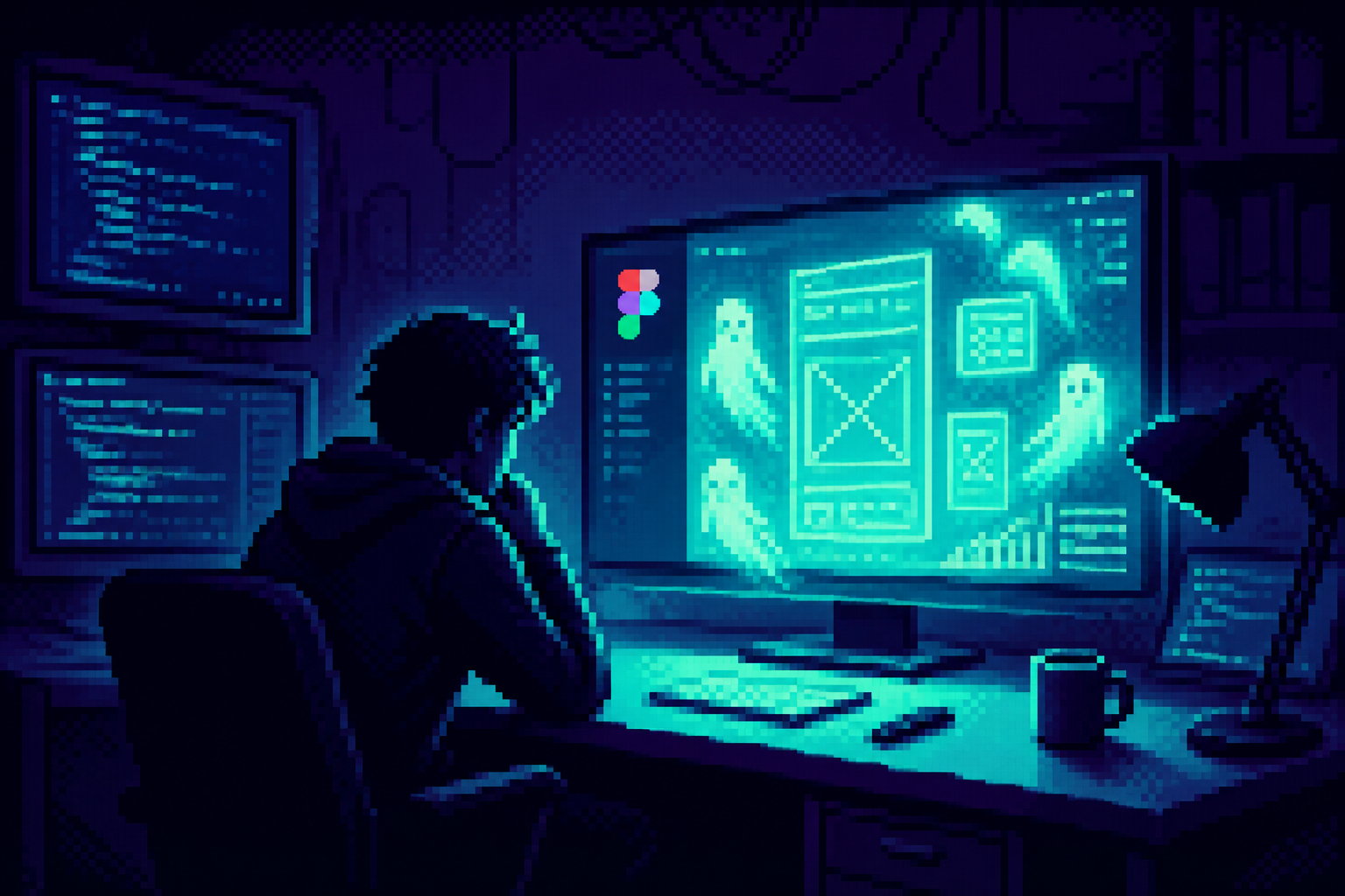 Pixel-art illustration: In the dim glow of a neon-lit workshop, a designer sits surrounded by scattered monitors displaying complex code, while the Figma interface on one screen eerily flickers with ghostly schematics of designs never conceived, as if haunted by its demoted status.