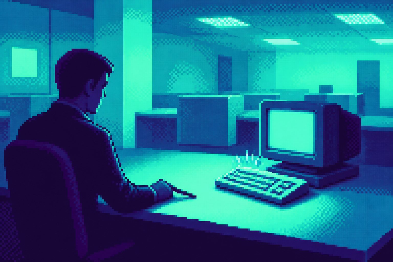 Pixel-art illustration: In the sterile glow of the open office, a worker slowly rolls a pen across a pristine desk where the desktop computer keyboard types silently by itself, emitting soft clicks—a task completed without human touch yet shrouded in an uneasy disbelief.